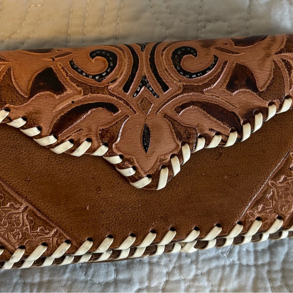 Vintage Brown Leather Double Sided Wallet with Intricate Design